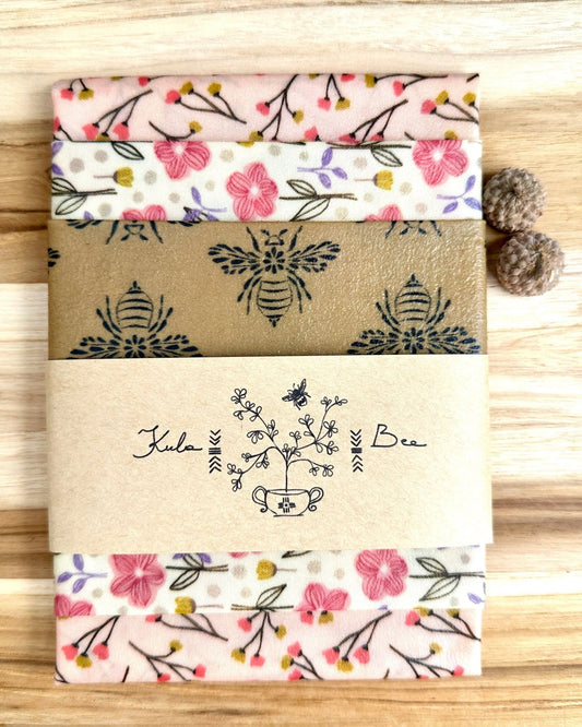 Bee Wrap. Reusable Beeswax Food Wrap Set. Honeybee Blossom Set - Kula Bee Goods