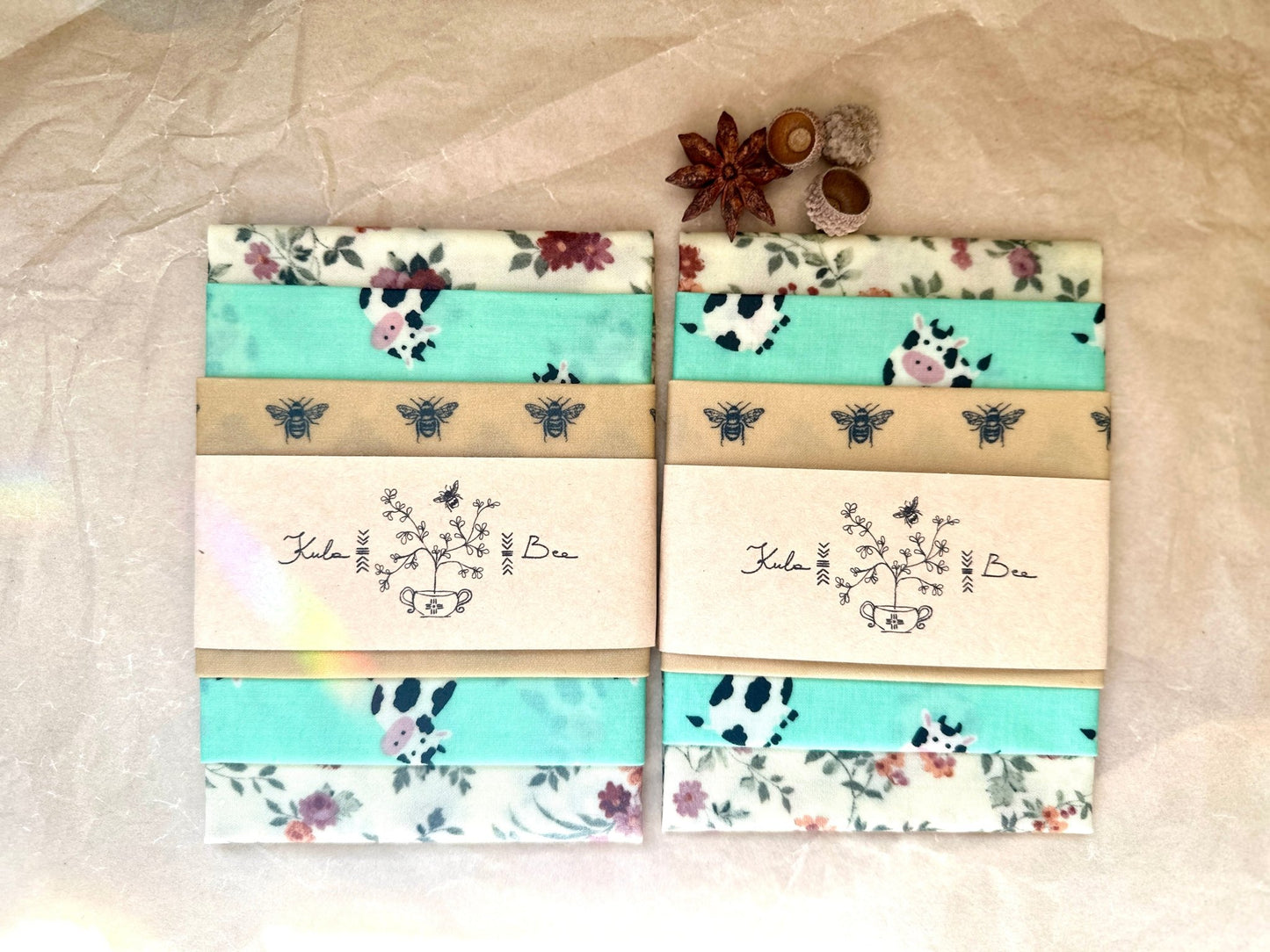 Kula Bee Goods Beeswax Food Wrap Set. Cows and Bees Print. Sustainable Food Storage - Kula Bee Goods