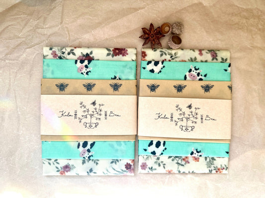 Kula Bee Goods Beeswax Food Wrap Set. Cows and Bees Print. Sustainable Food Storage - Kula Bee Goods