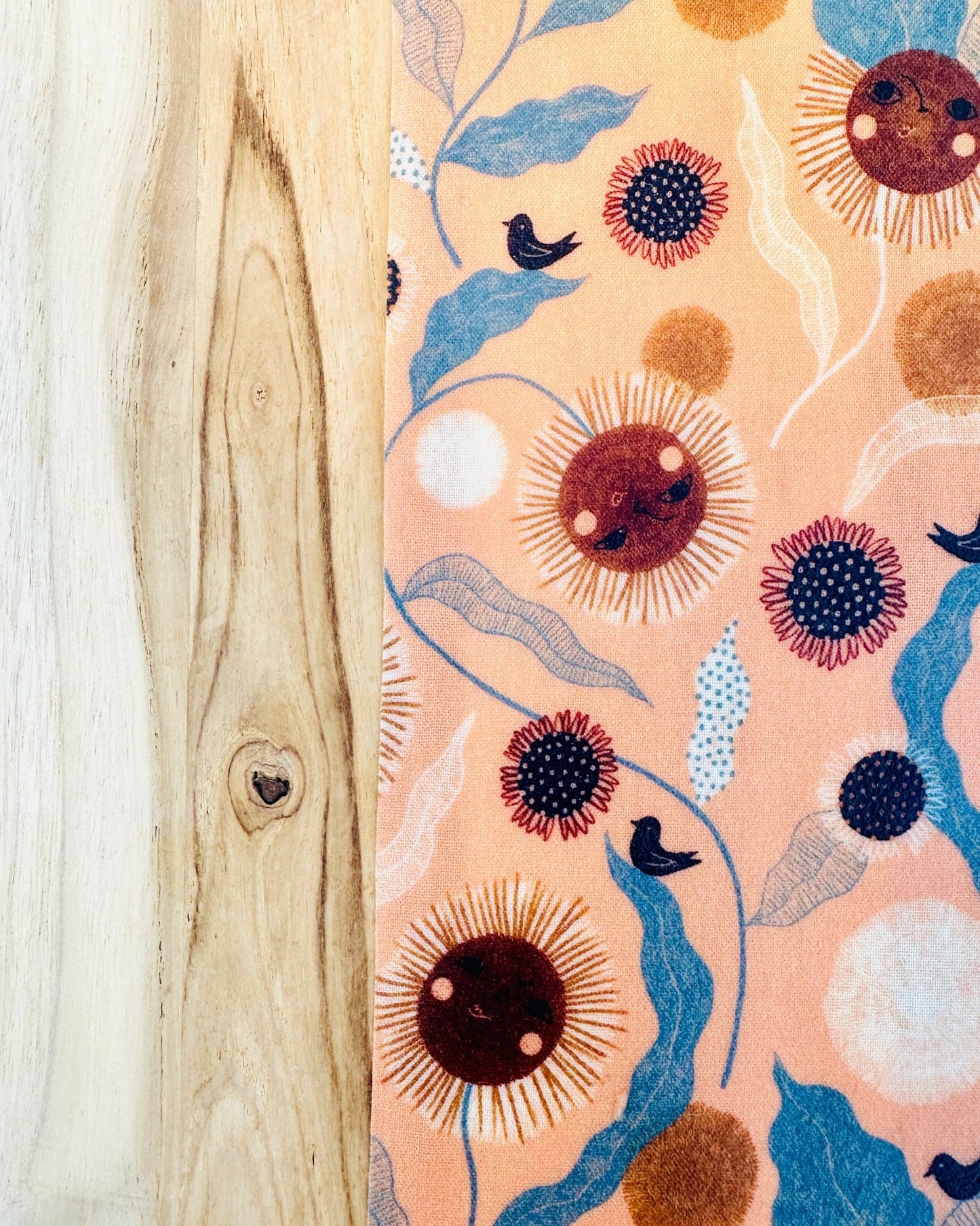 Organic Cotton Reusable Beeswax Bread Wrap. Happy Sunflowers and Birdies - Kula Bee Goods