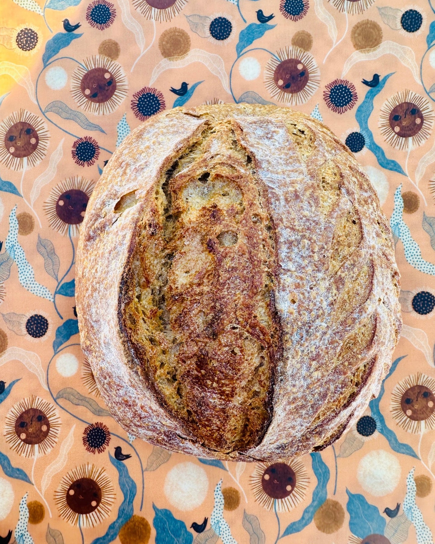 Organic Cotton Reusable Beeswax Bread Wrap. Happy Sunflowers and Birdies - Kula Bee Goods