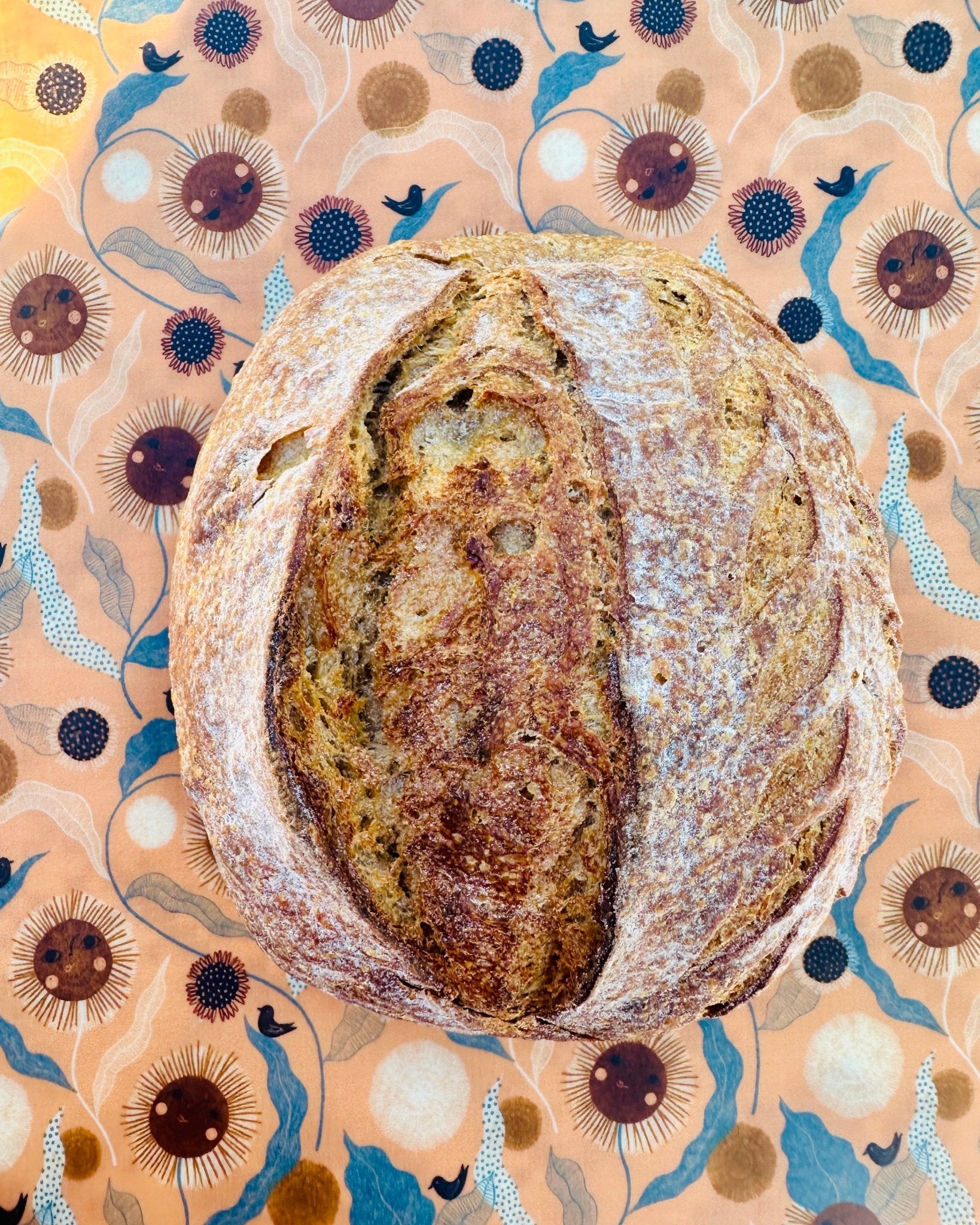 Organic Cotton Reusable Beeswax Bread Wrap. Happy Sunflowers and Birdies - Kula Bee Goods