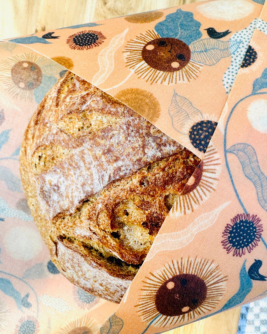 Organic Cotton Reusable Beeswax Bread Wrap. Happy Sunflowers and Birdies - Kula Bee Goods