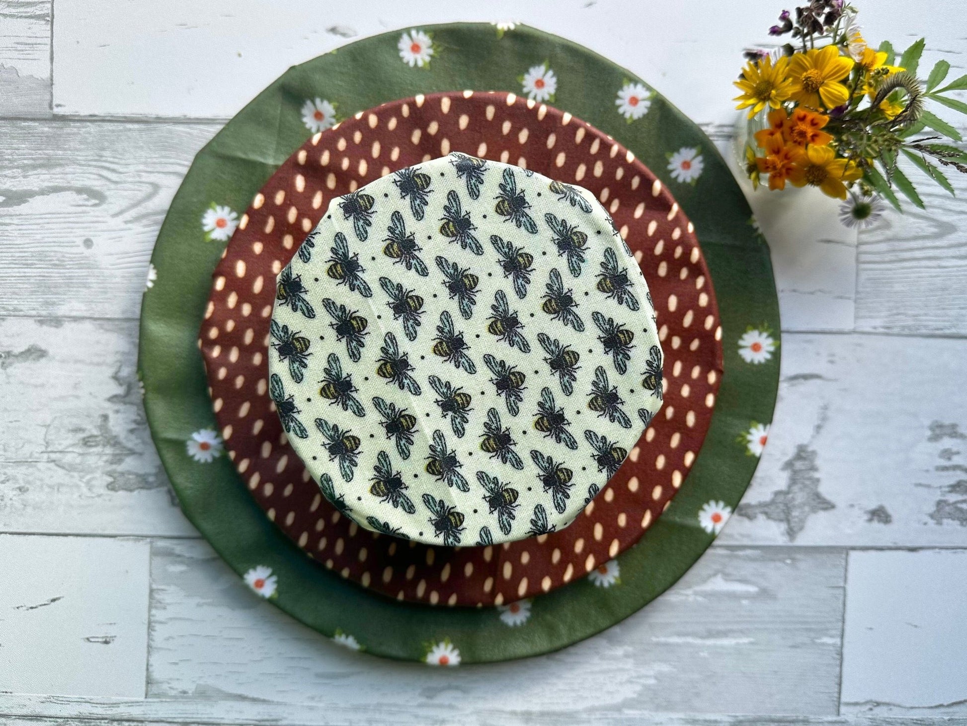 Beeswax Food Wraps. Variety set of 3. Bees and Forest Daisies Print - Kula Bee Goods