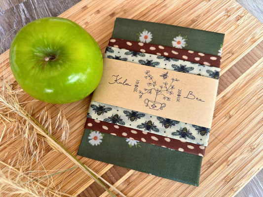 Beeswax Food Wraps. Variety set of 3. Bees and Forest Daisies Print - Kula Bee Goods
