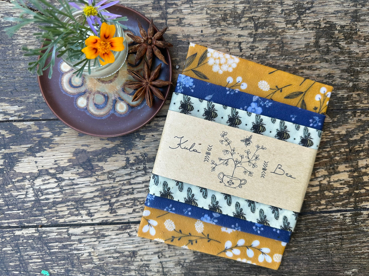 Beeswax Food Wraps. Variety set of 3. Midsummer Bees