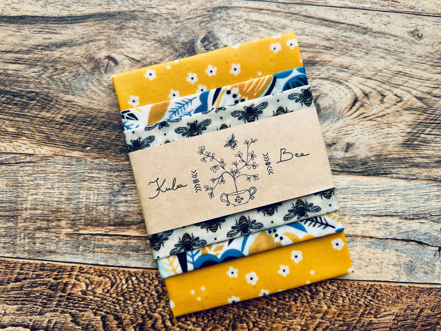 Beeswax Food Wraps. Variety set of 3. Spring Bees