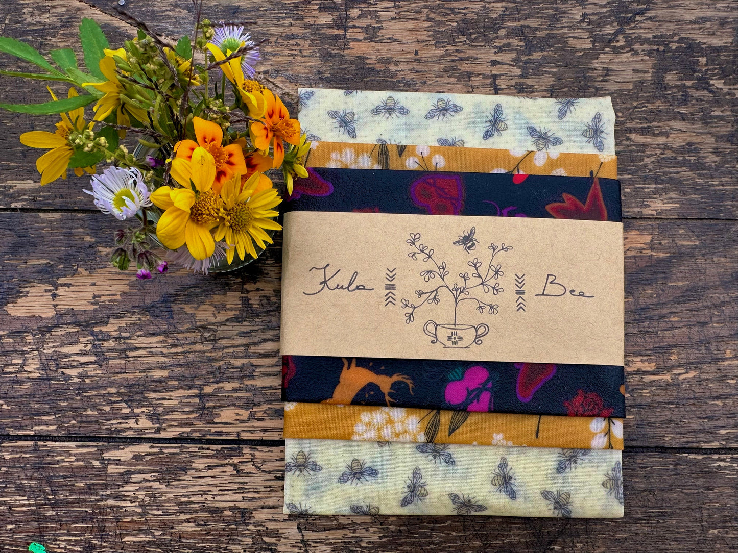 Beeswax Food Wraps. Variety set of 3. Bees and Frida Animals